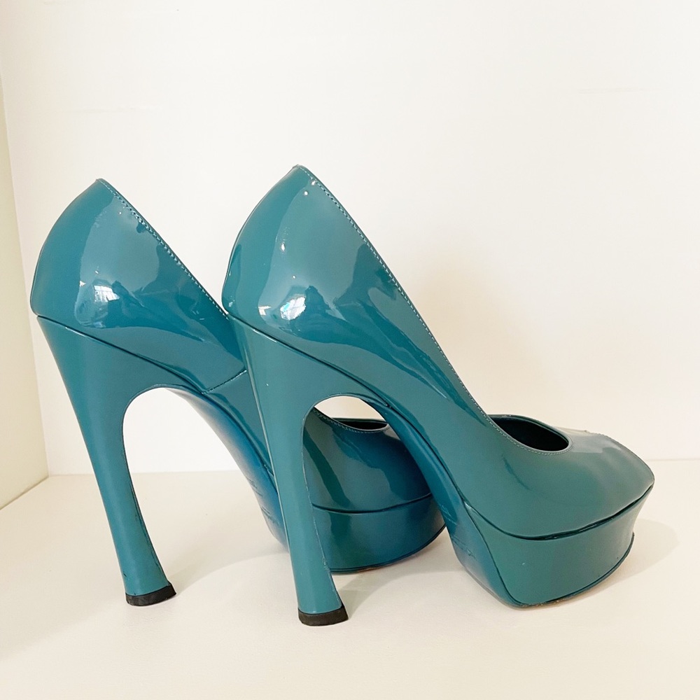 Yves Saint Laurent Palais Patent Leather Peep Toe Heels Teal Blue Size 36.5 - Picture 7 of 15